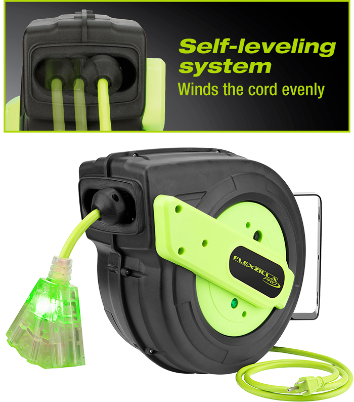 Flexzilla® FZ8160253 - Polypropylene Green Retractable Extension Cord Reel  with 3 Outlets (25', 16 AWG) 